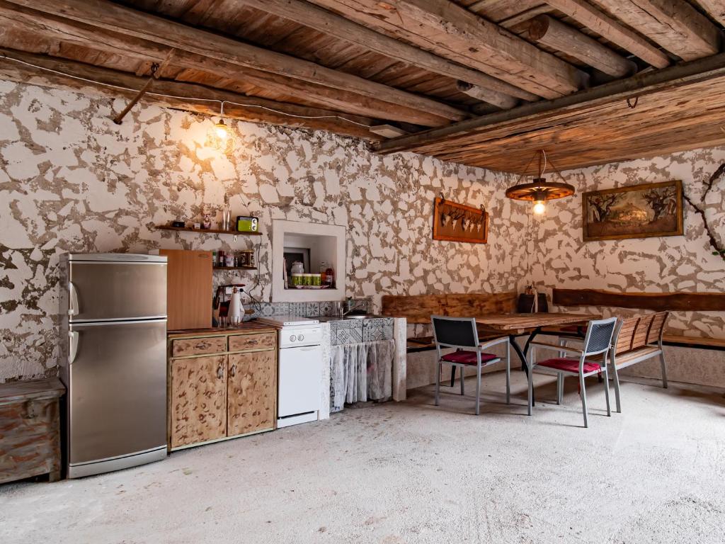 伊利尔斯卡比斯特里察Šišnikova hiša的厨房配有桌椅和冰箱。