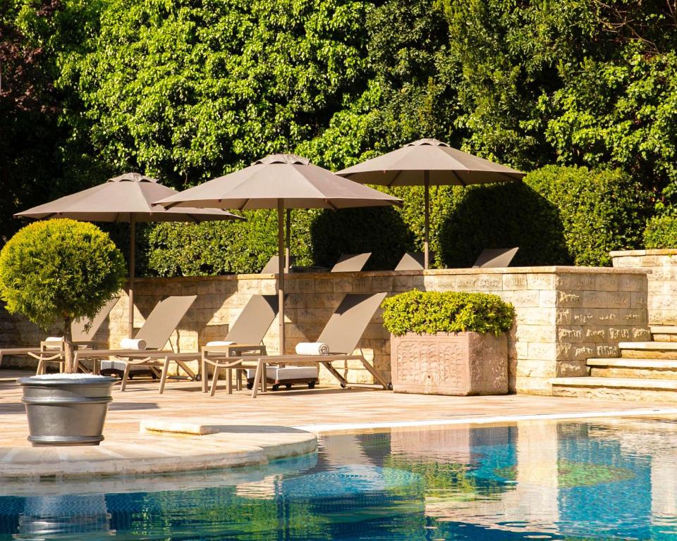 伊斯坦布尔伊斯坦堡君悦酒店的一个带遮阳伞和椅子的游泳池以及一个游泳池