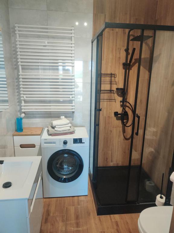 库特诺Apartament Perła Kutna的带淋浴的浴室内的洗衣机