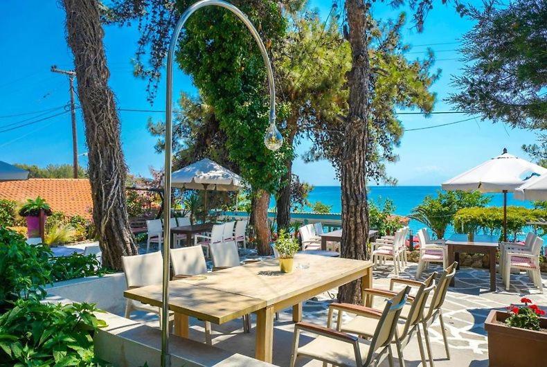 佩弗卡里Thassos ESPERIA HOTEL的一张木桌和椅子,背靠大海