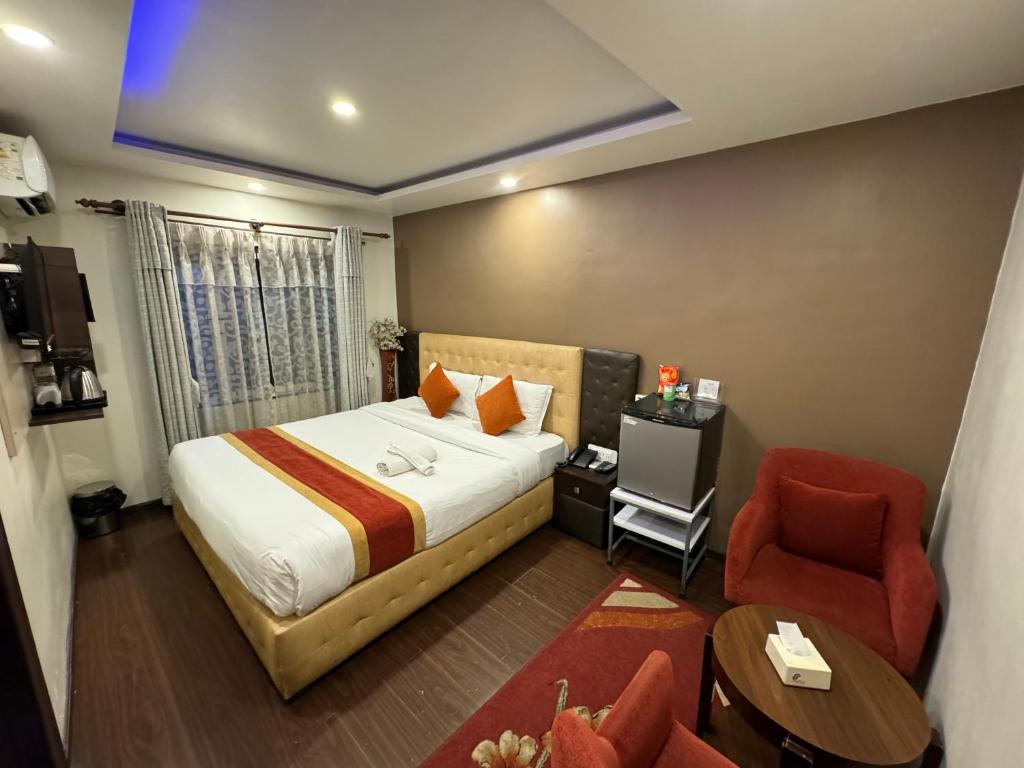 加德满都Marinha Airport Hotel的配有一张床和一把椅子的酒店客房