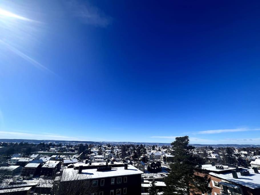 奥斯陆Koselig leilighet på Nordstrand/Lambertseter, Oslo的享有带雪盖屋顶的城市美景