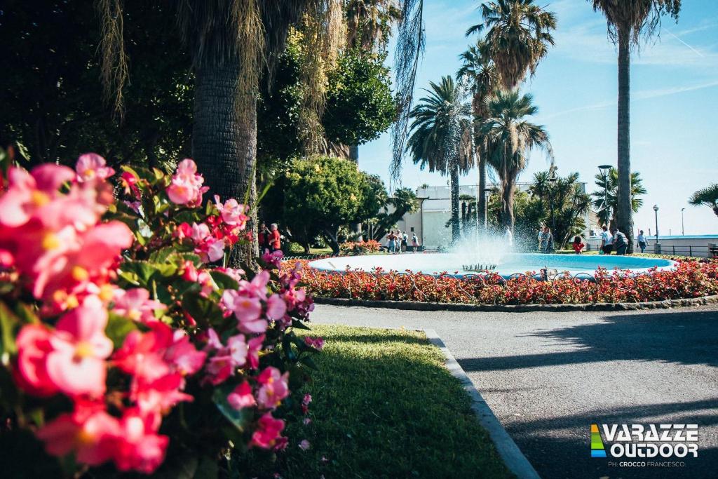 瓦拉泽Blackstone Apartment的公园里的喷泉,有粉红色的花朵和棕榈树