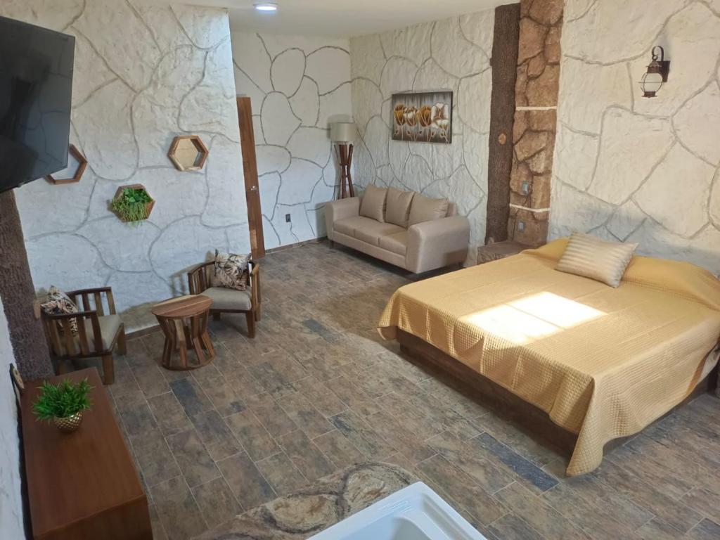 柔蔲科派克Hotel Spa el Gran Coral By Rotamundos的一间卧室配有一张大床和一张沙发