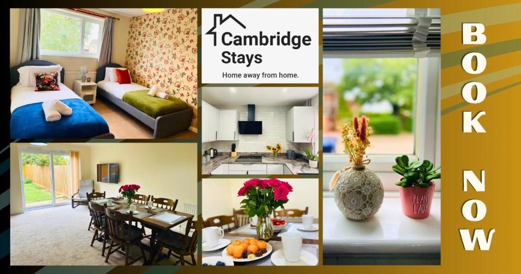 剑桥Cambridge Stays 3BR House-Garden-Free Parking-15 min to centre-5 min to motorway的客厅和厨房的照片拼合在一起