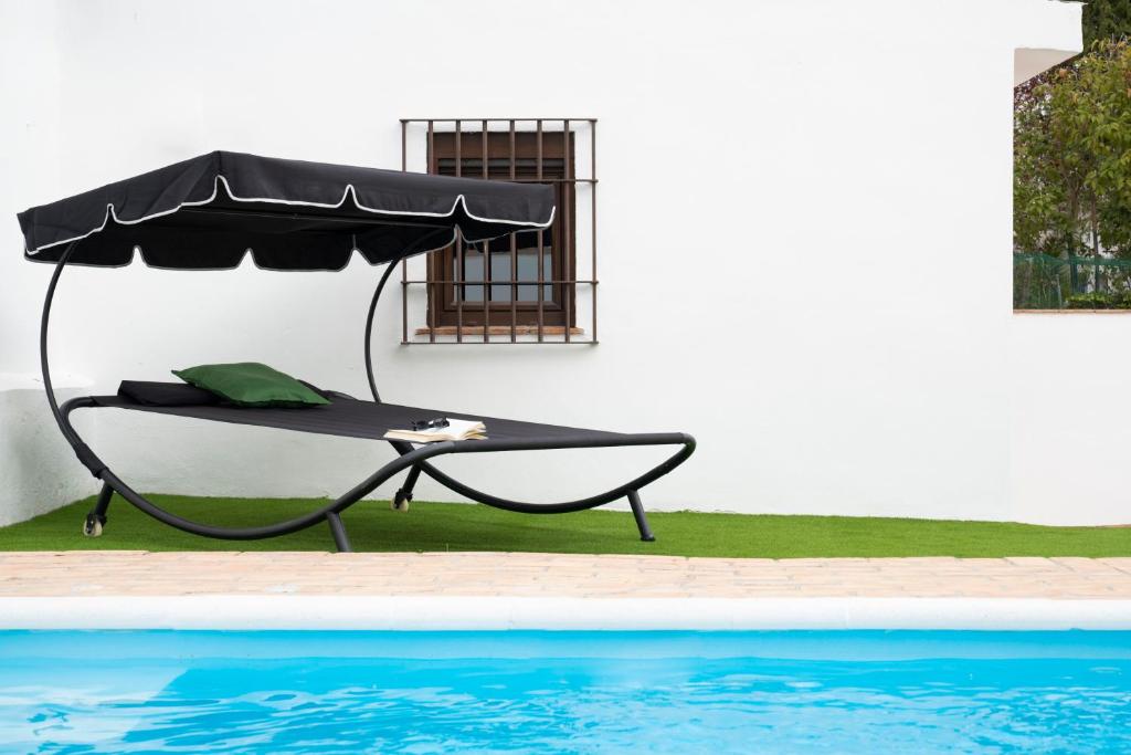 韦托维加Pool and tranquility 11 minutes from the Alhambra的游泳池旁的一把黑伞