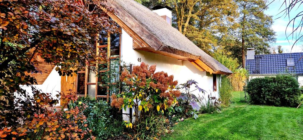 布尔格Kauperhaus的白色的小房子,带有茅草屋顶