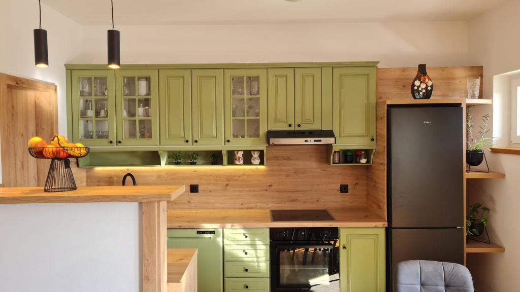 布罗达里卡Apartments Crljen的厨房配有绿色橱柜和黑色冰箱