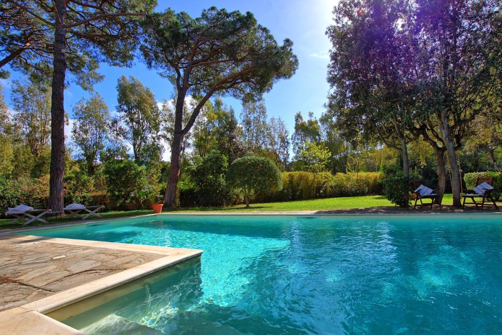Casa MoraVilla Rocca Mare by PosarelliVillas的一座树木繁茂的庭院内的游泳池