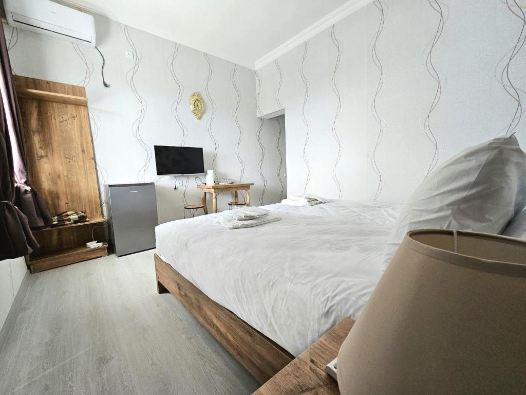 库塔伊西HillTOP Kutaisi的卧室配有白色的床和电视。