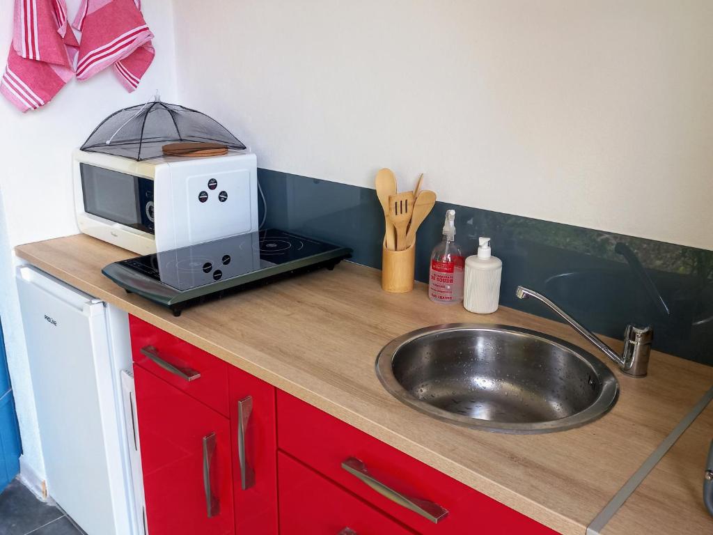 勒迪亚芒Tropi Kay' Location - Bungalow avec jacuzzi的厨房柜台配有微波炉和水槽