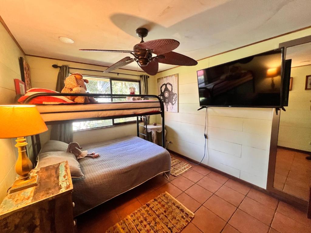PiedadesNina y Jack house的一间卧室配有双层床和一台平面电视。
