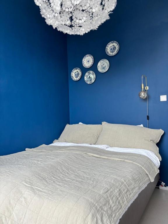 阿姆斯特丹Lovely small apartment in 'De Pijp'的蓝色的卧室,配有床和蓝色的墙壁