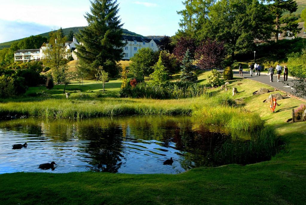 阿伯福伊尔Macdonald Forest Hills Resort的公园里的池塘,有人在公园周围散步