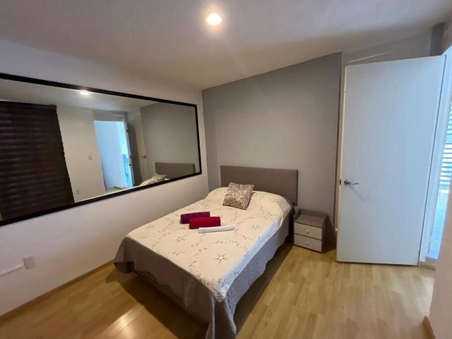 瓦哈卡市Oaxaca departamento azul的一间卧室配有一张床和一面大镜子