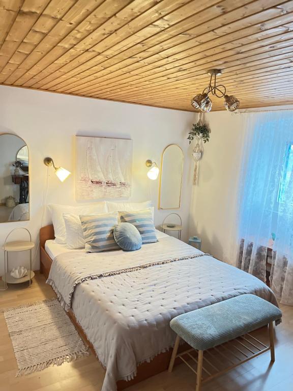 ZaglavOlivier house的一间卧室配有一张带蓝色枕头的大床