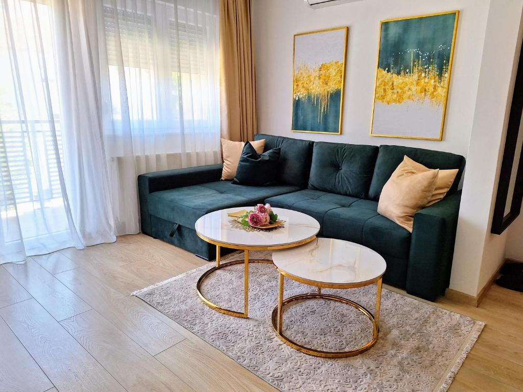 莫斯塔尔City Center apartments的客厅配有沙发和桌子