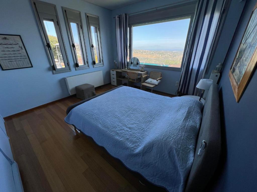 DhráfiReunion in Greece Villa的卧室配有一张床、一张书桌和窗户。