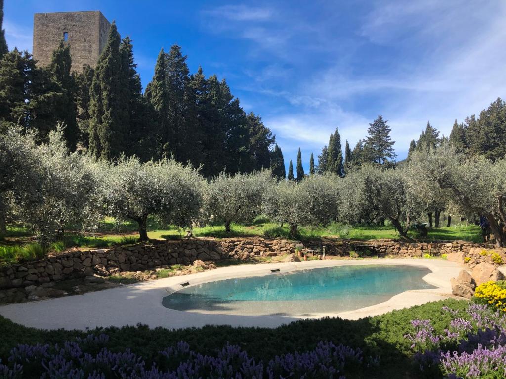 蒙泰卡蒂尼瓦尔迪切奇纳Torre dei Belforti的花园中种有树木和鲜花的游泳池
