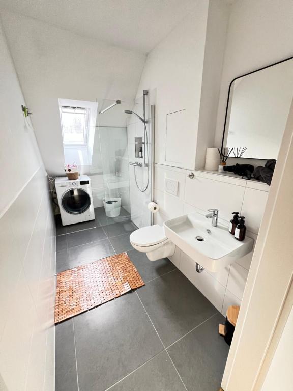 多斯滕Dachgeschoss-Maisonette-Apartment mit Klimaanlage的一间带水槽、卫生间和淋浴的浴室