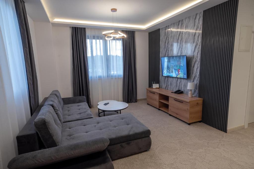 巴尼亚卢卡Hotel Sistems的带沙发和电视的客厅