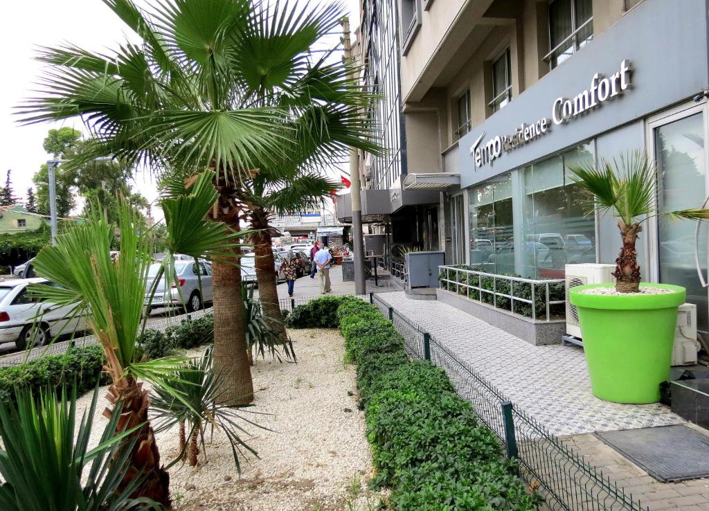 伊兹密尔伊兹密尔天宝居康福特酒店的商店前一条种有棕榈树的街道
