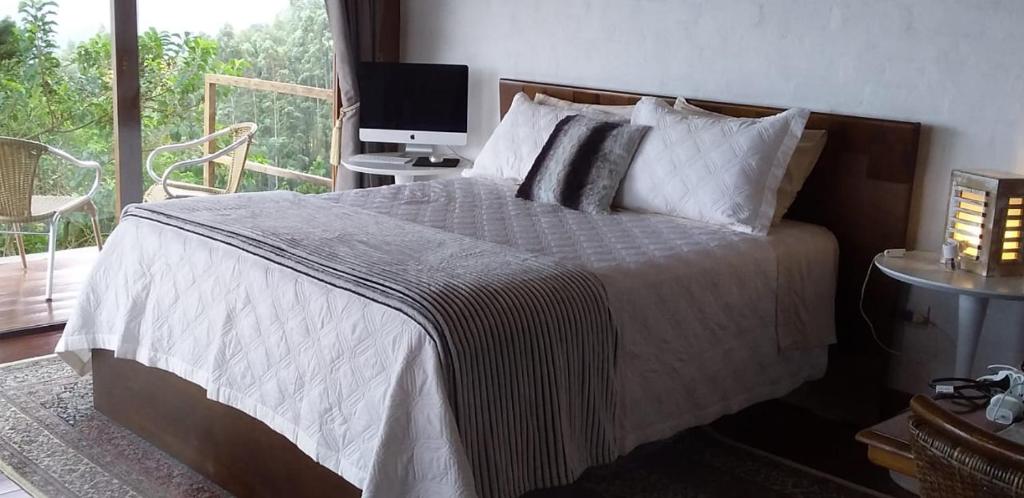 圣本图-杜萨普卡伊Clorofila Hospedaria的一间卧室设有一张带电视和窗户的床。