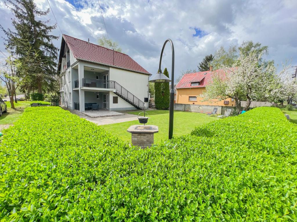 鲍洛通维拉戈什MIHI APARTMAN的一座带绿色灌木的庭院的房子