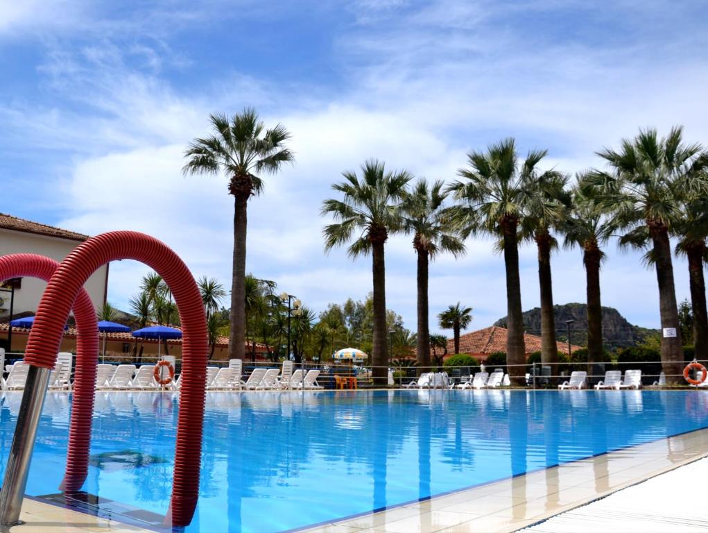 普拉亚·阿马勒Villaggio Turistico La Mantinera - Hotel的一座棕榈树和椅子的大型游泳池