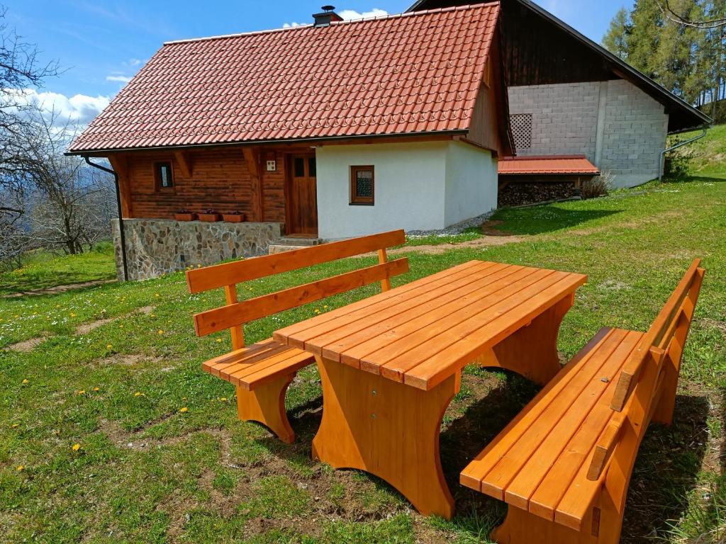 MislinjaGrunt Sonek的木凳坐在小屋前