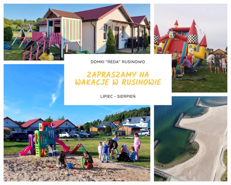 鲁斯诺沃Domki letniskowe Reda的和孩子们在游乐场玩耍的照片拼凑在一起