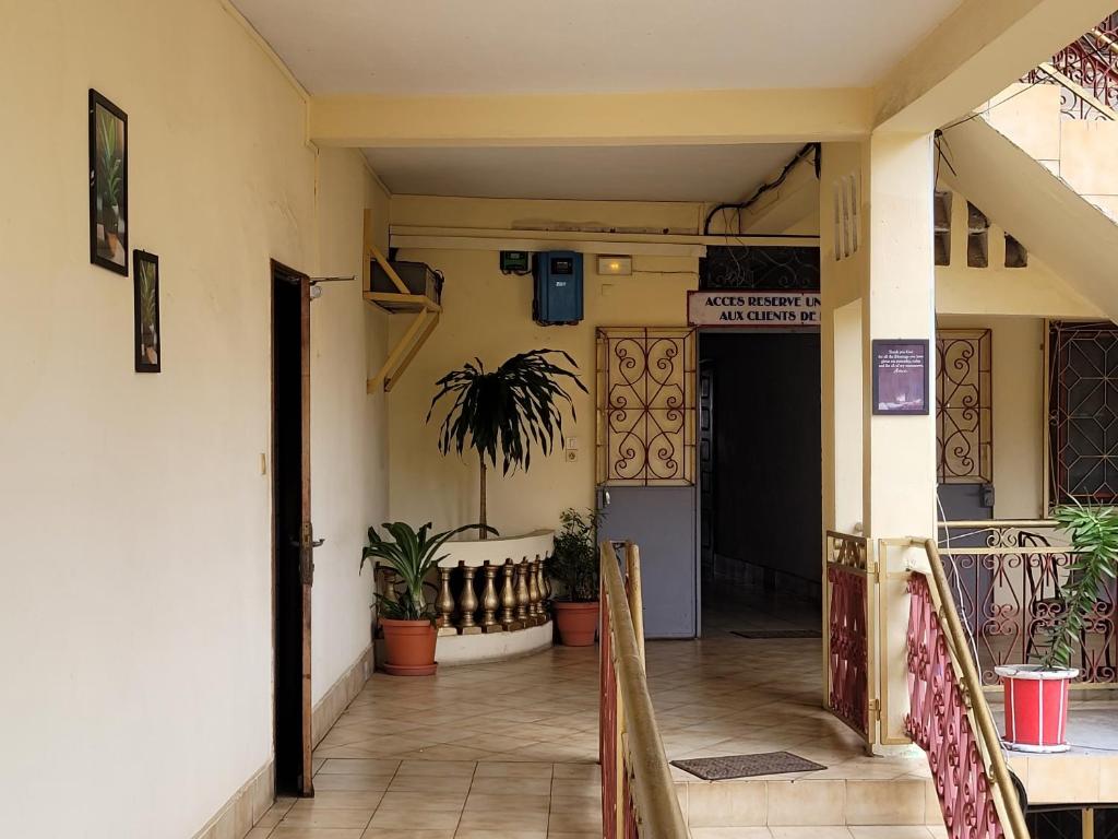 莫罗尼Moifaka Studio Hotel的建筑的走廊,有门和植物