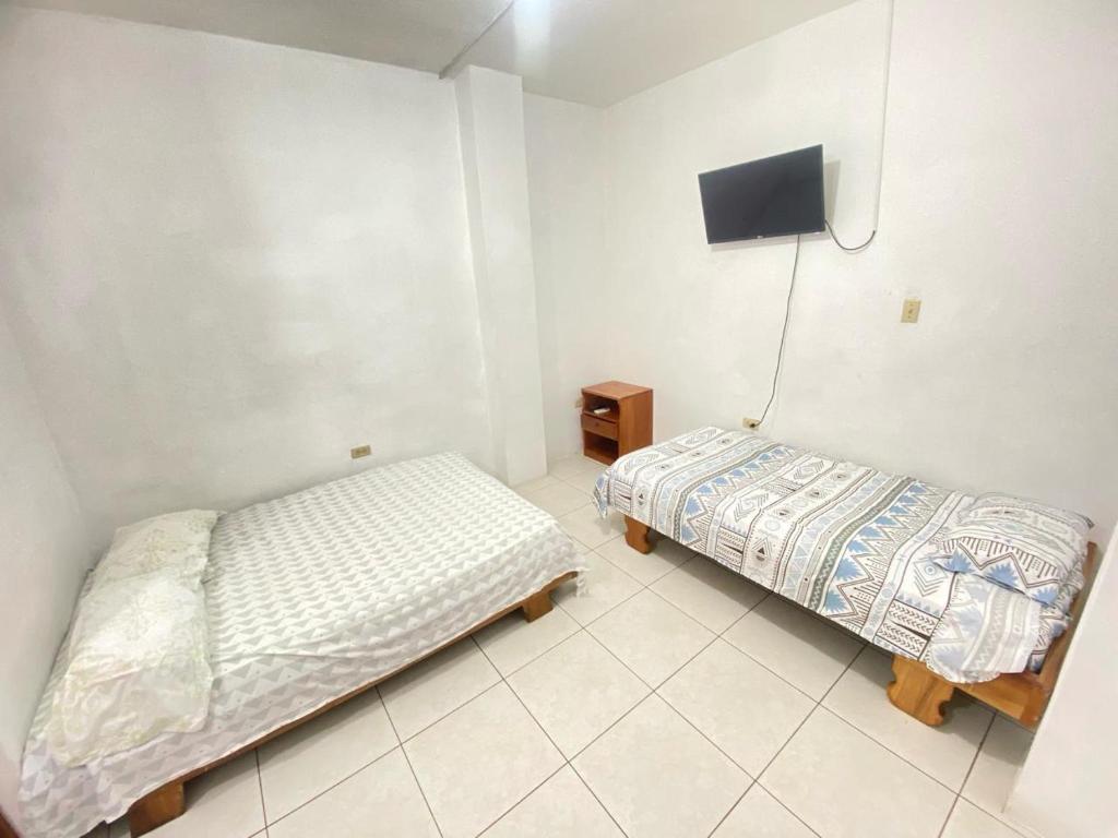 阿约拉港Ballesteros Apartaments的一间卧室设有两张床,墙上配有电视。