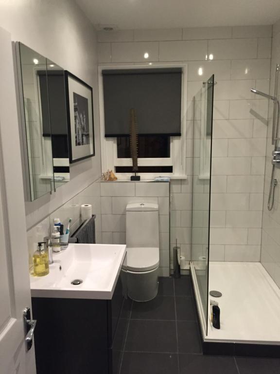 Hurst GreenIngram House with Hot Tub的浴室配有卫生间、盥洗盆和淋浴。