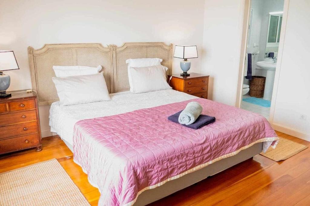卡尼索Vila da Falésia-With Pool and views的一间卧室配有一张带粉色毯子的大床