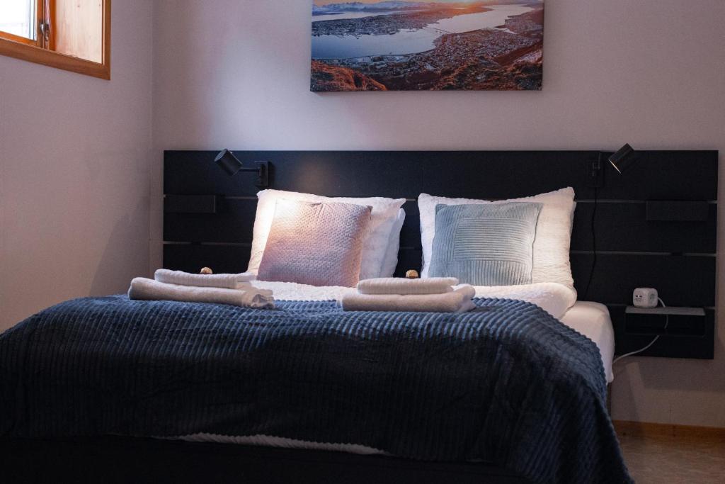 特罗姆瑟Cozy and central among locals的一间卧室配有一张带黑色床头板和枕头的床。
