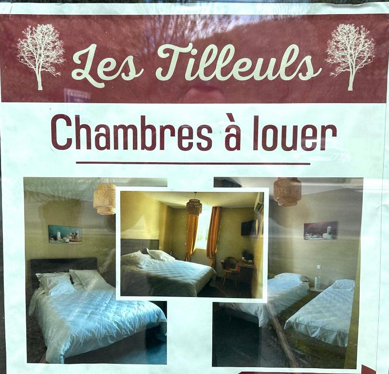 苏亚克Les tilleuls的一张带两张床的酒店客房的图片拼贴