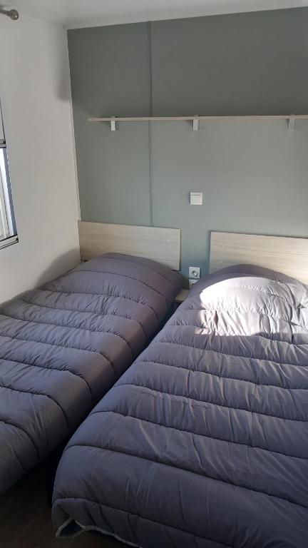 塞特港mobil home le castellas Bertrand /stehlin的一张位于蓝色毯子的房间的床铺