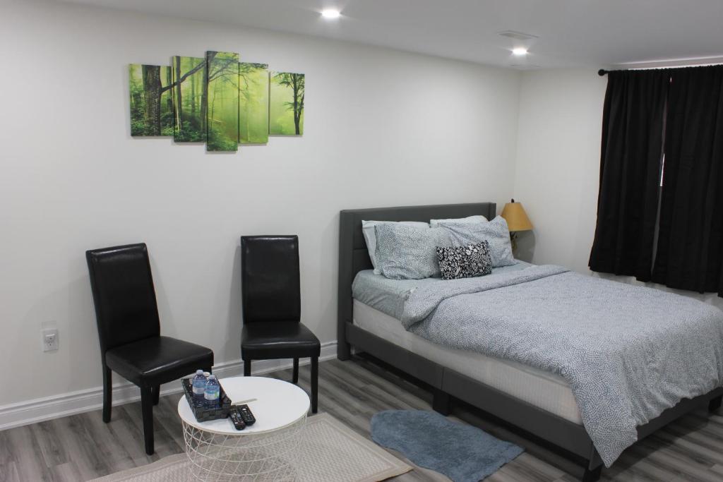 基奇纳Comfy basement near KW airport的一间卧室配有一张床和两把椅子