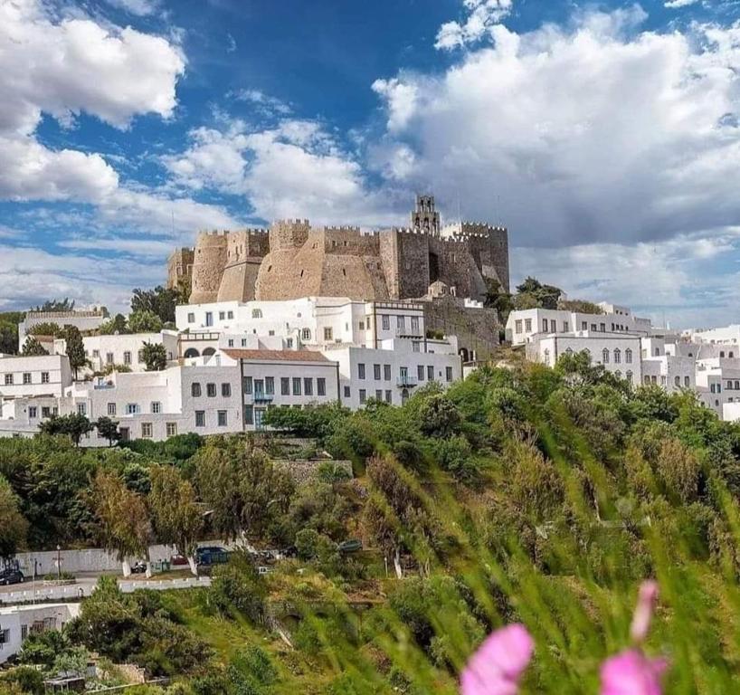 帕特莫斯TRADITIONAL STUDIO Chora Patmos的一座城堡,位于一座白色建筑的山顶上