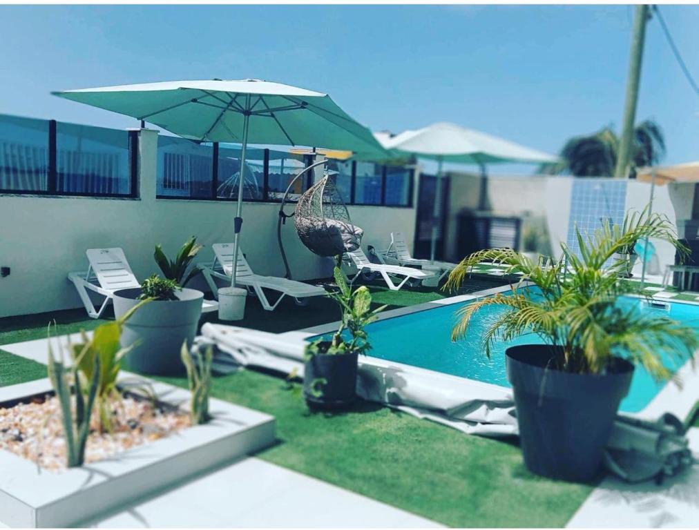 塔拉法尔Hotel Xinte na casa的游泳池设有椅子、遮阳伞和植物