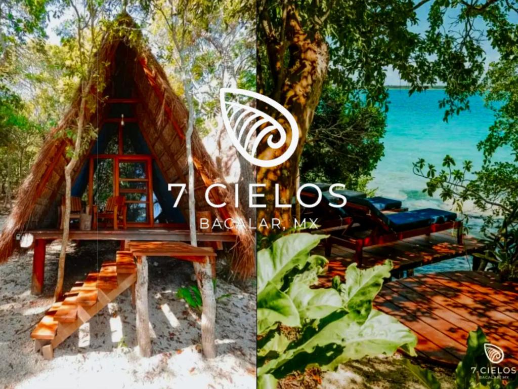 巴卡拉尔7 CIELOS BACALAR.的海滩上的度假村,设有凉亭