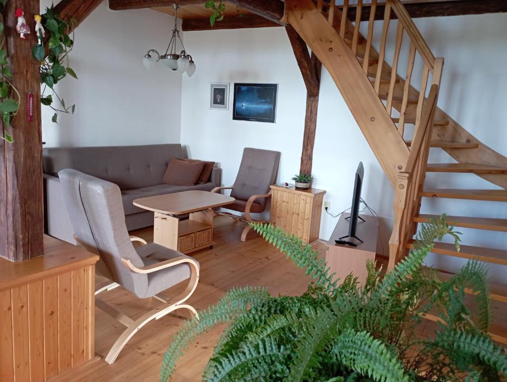 佩恩斯坦內姆河畔比斯特日采Ubytování na Hájence的带沙发和楼梯的客厅