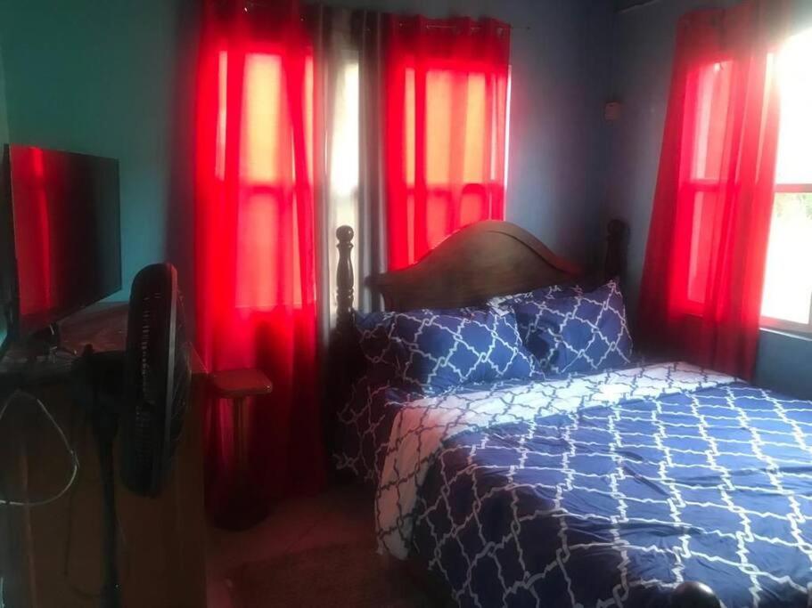 RomneysCozy 2BR/1BA retreat in St.Kitts close to airport的一间设有红色窗帘的卧室和一张位于客房内的床