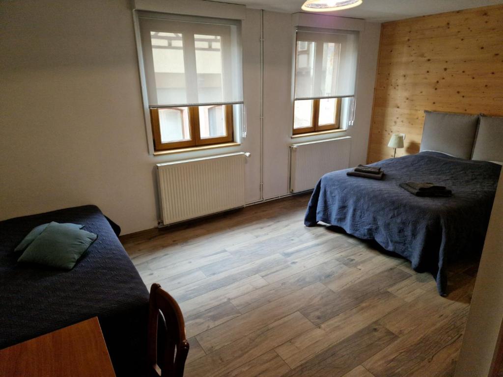 圣伊波利特Chambres Thirion的一间卧室设有两张床和两个窗户。