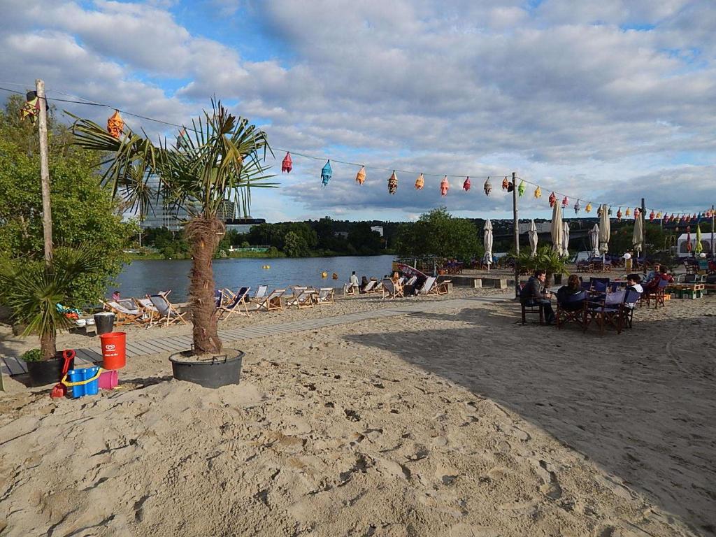 科布伦茨Ferienwohnung Uni Koblenz的一群人坐在海滩上靠近水面