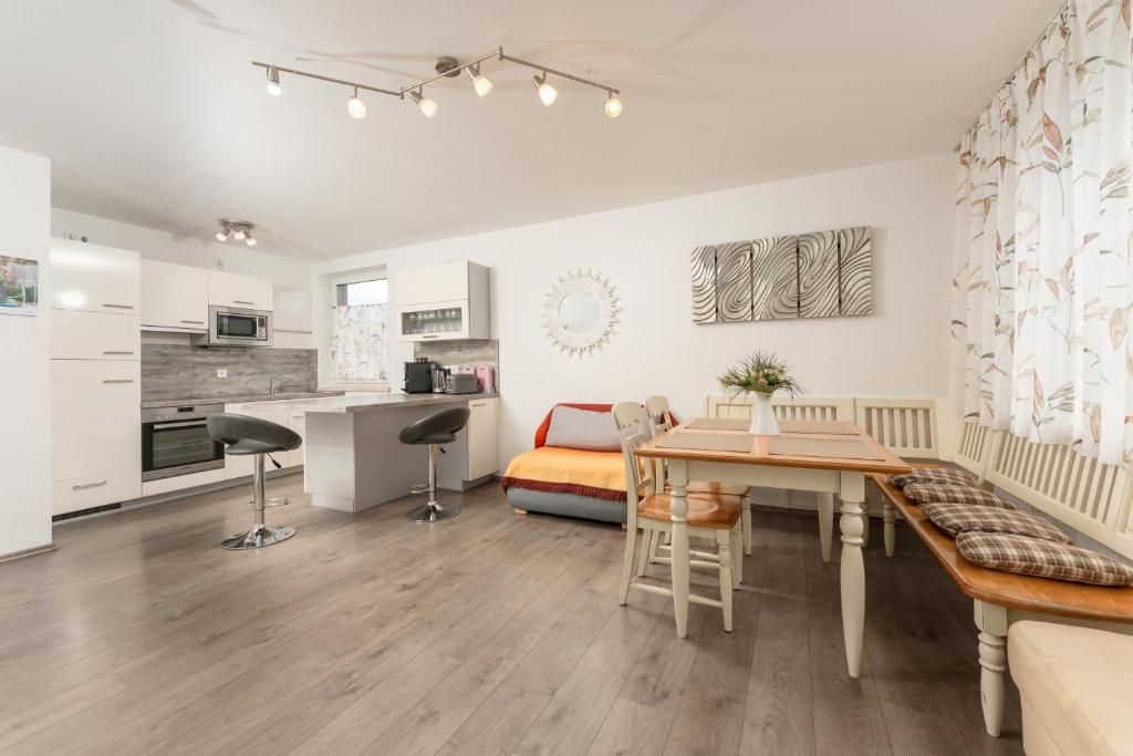 林茨利奥便捷公寓的厨房以及带桌子和沙发的客厅。