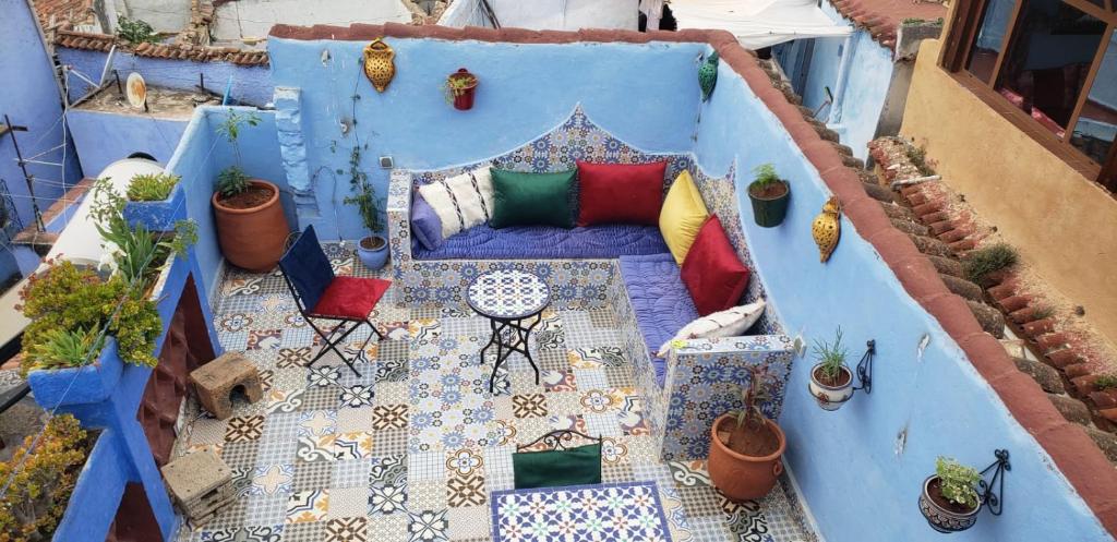 舍夫沙万Casa Azul的阳台配有沙发、桌子和盆栽植物