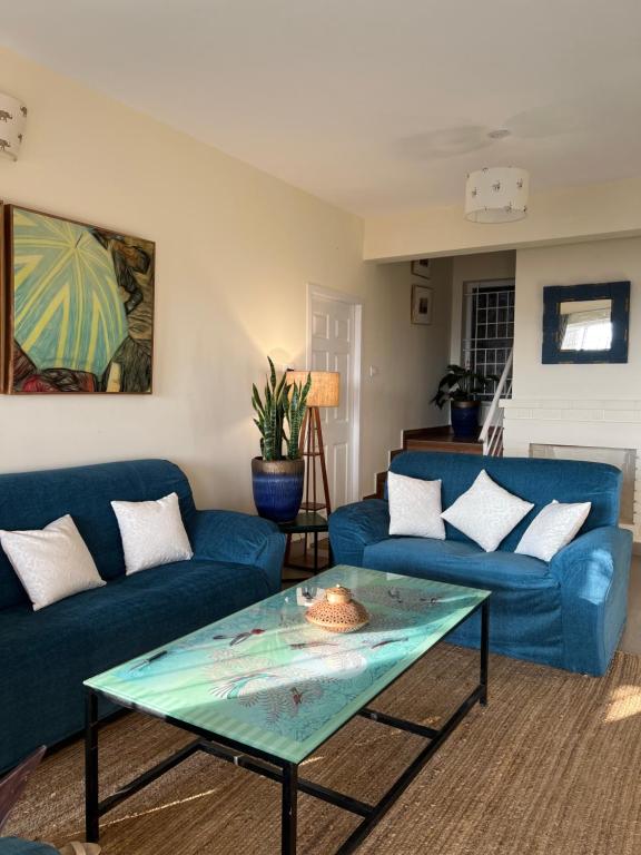 乔奥诺奥尔Sunset Villa的客厅配有蓝色的沙发和玻璃桌