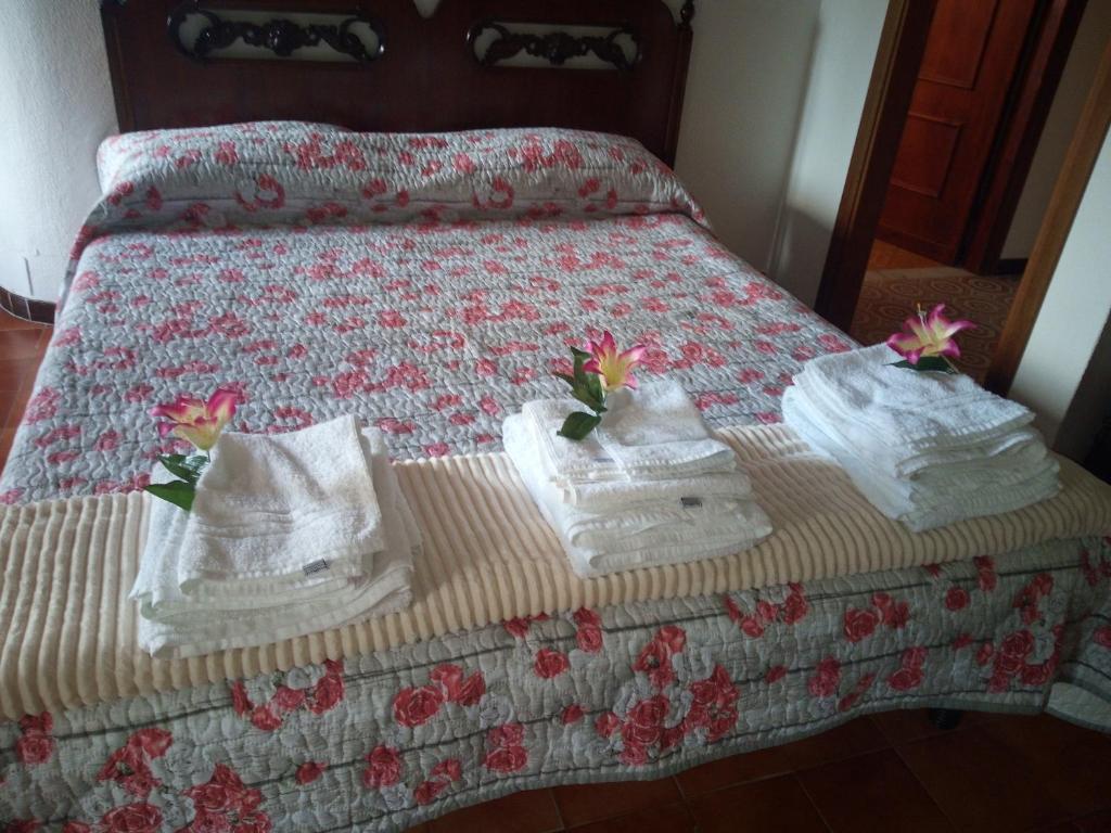 奥罗塞伊Casa Martine的床上有毛巾和鲜花